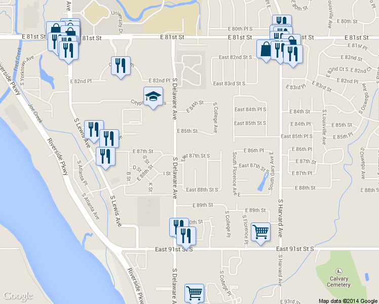 map of restaurants, bars, coffee shops, grocery stores, and more near 8606 South Evanston Avenue in Tulsa