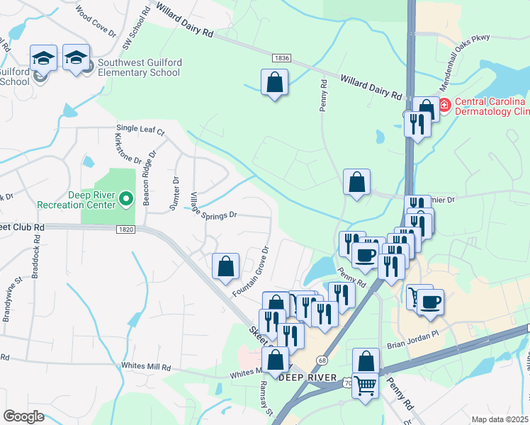 map of restaurants, bars, coffee shops, grocery stores, and more near 3739 Village Springs Drive in High Point