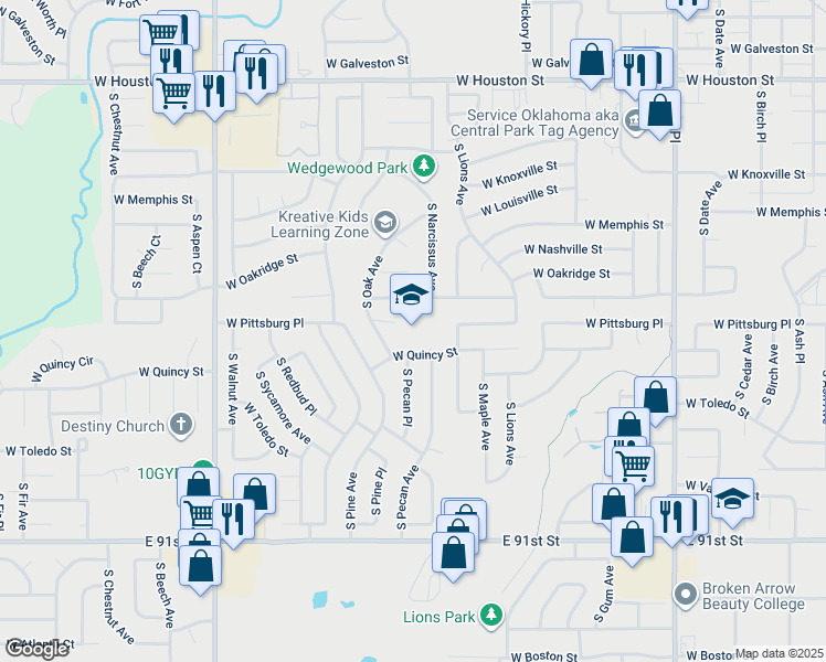 map of restaurants, bars, coffee shops, grocery stores, and more near 1600 West Quincy Street in Broken Arrow
