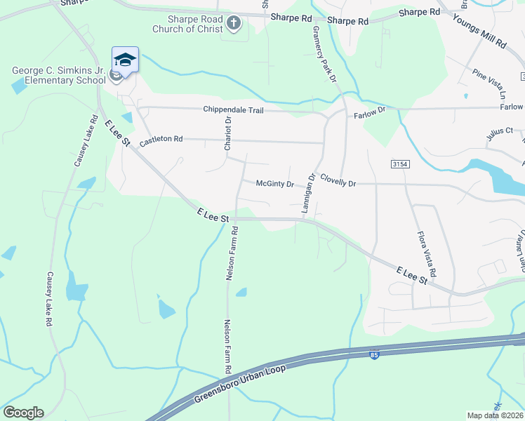 map of restaurants, bars, coffee shops, grocery stores, and more near 3611 Nelson Creek Lane in Greensboro