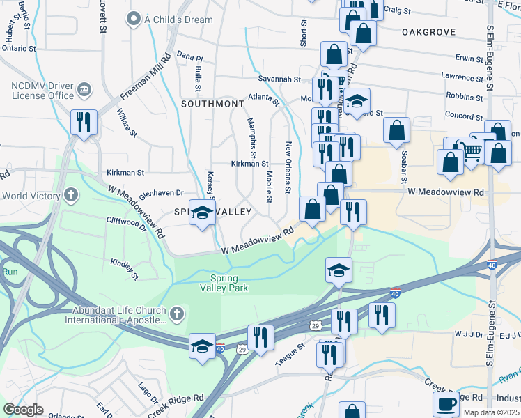 map of restaurants, bars, coffee shops, grocery stores, and more near 2507 Atlanta Street in Greensboro
