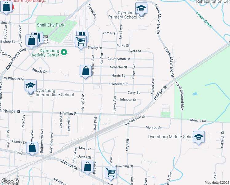 map of restaurants, bars, coffee shops, grocery stores, and more near 605 Lewis Avenue in Dyersburg