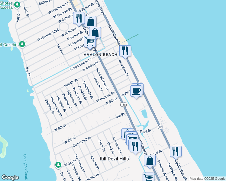 map of restaurants, bars, coffee shops, grocery stores, and more near 2006 North Croatan Highway in Kill Devil Hills