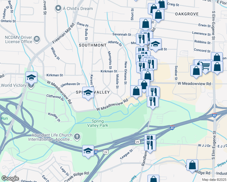 map of restaurants, bars, coffee shops, grocery stores, and more near 2507 Atlanta Street in Greensboro