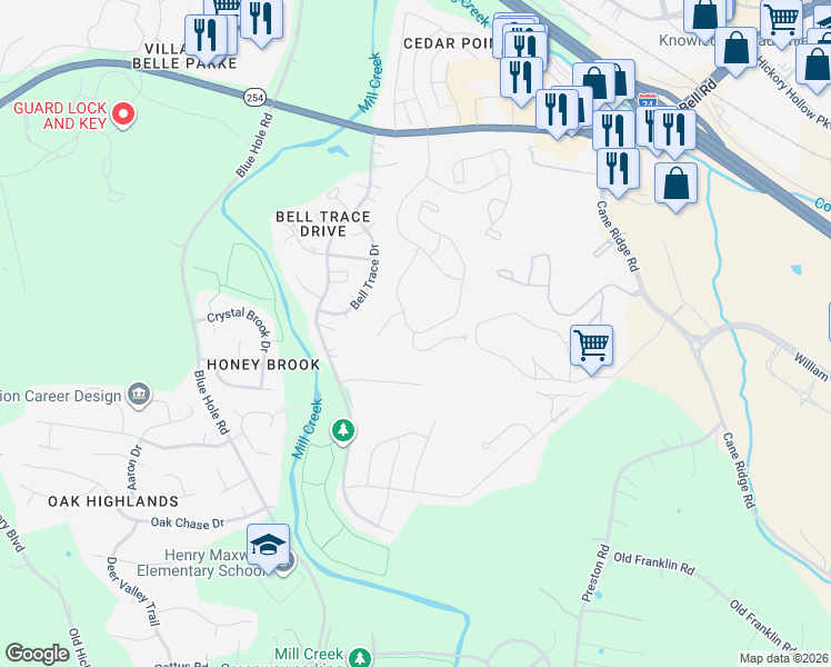 map of restaurants, bars, coffee shops, grocery stores, and more near 101 Arbor Crest Boulevard in Nashville