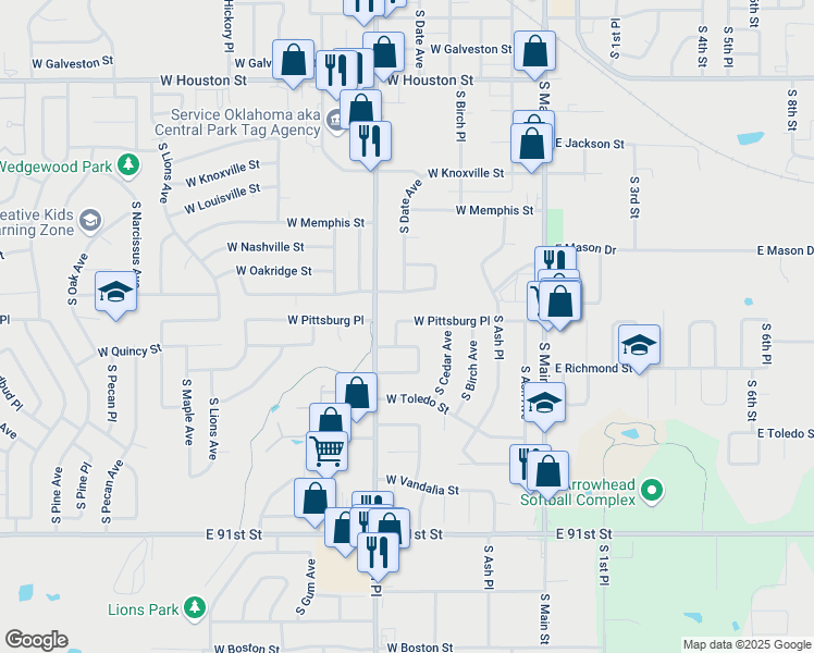 map of restaurants, bars, coffee shops, grocery stores, and more near 511 West Pittsburg Place in Broken Arrow