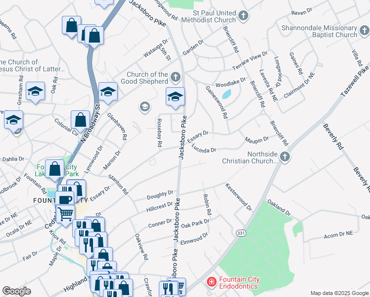 map of restaurants, bars, coffee shops, grocery stores, and more near 5301 Jacksboro Pike in Knoxville
