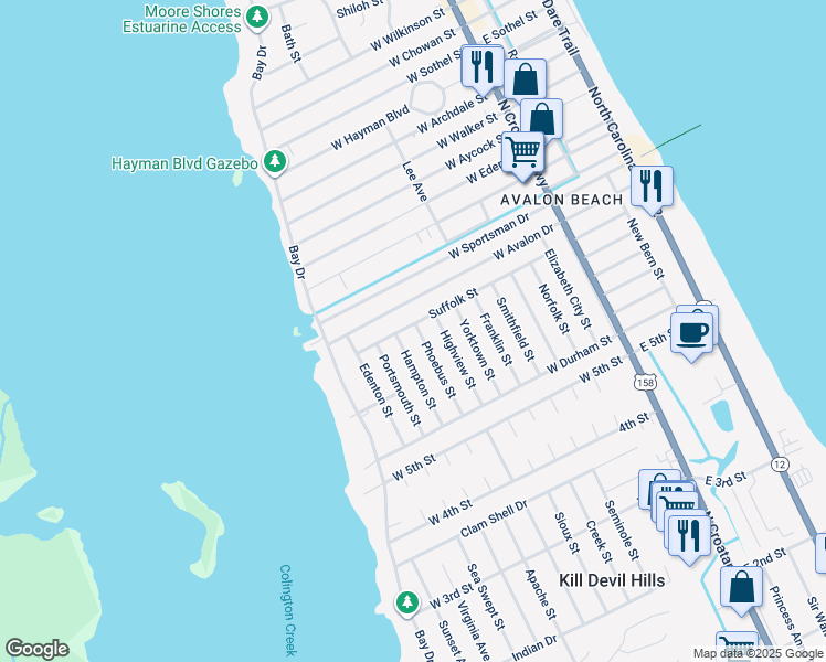map of restaurants, bars, coffee shops, grocery stores, and more near 901 Suffolk Street in Kill Devil Hills