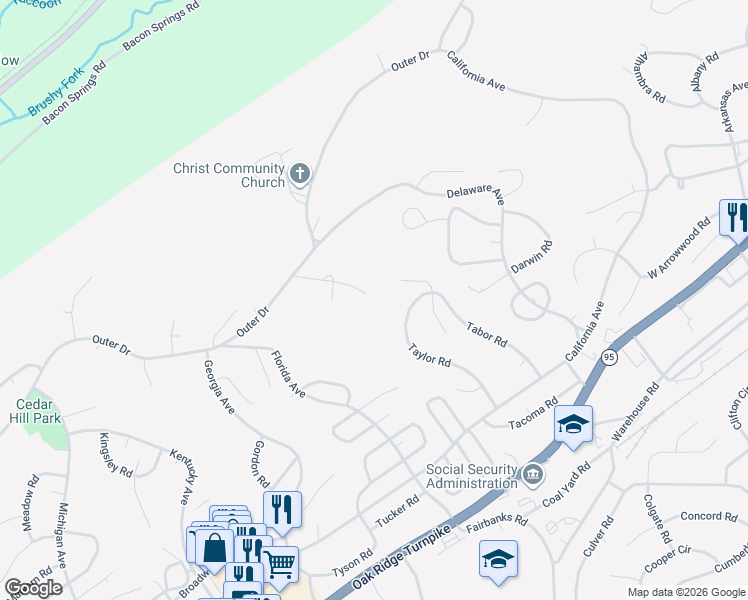 map of restaurants, bars, coffee shops, grocery stores, and more near 118 Ogontz Lane in Oak Ridge