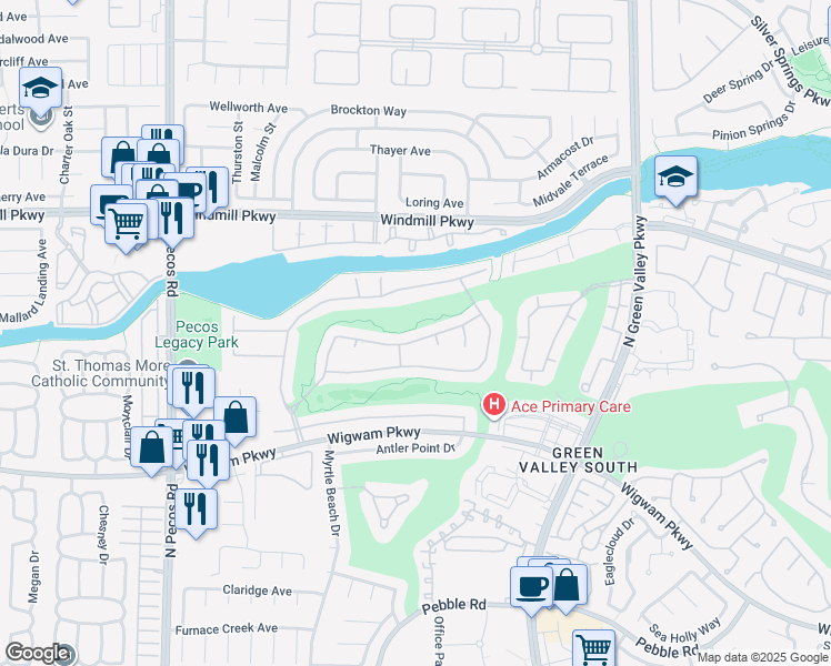 map of restaurants, bars, coffee shops, grocery stores, and more near 2458 Ram Crossing Way in Henderson