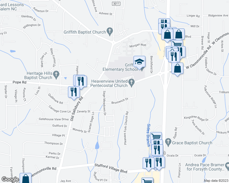 map of restaurants, bars, coffee shops, grocery stores, and more near 3220 Trenchard Lane in Winston-Salem