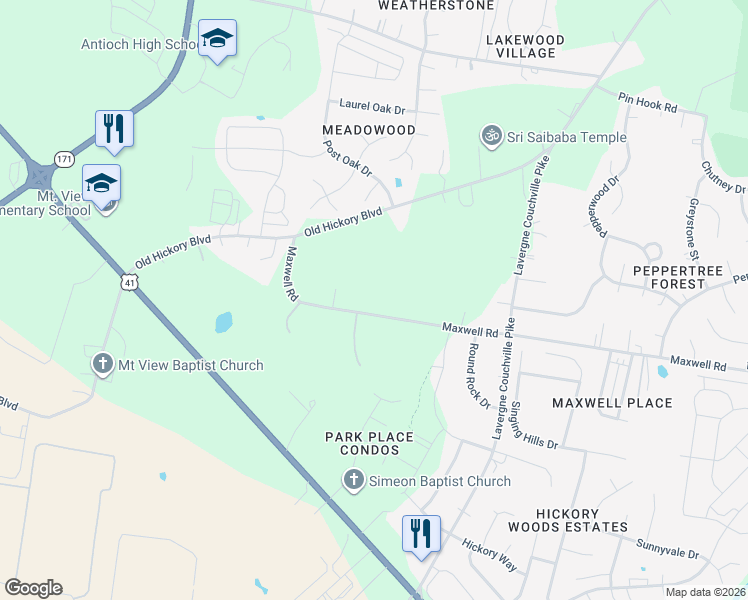 map of restaurants, bars, coffee shops, grocery stores, and more near 4100 Maxwell Road in Nashville