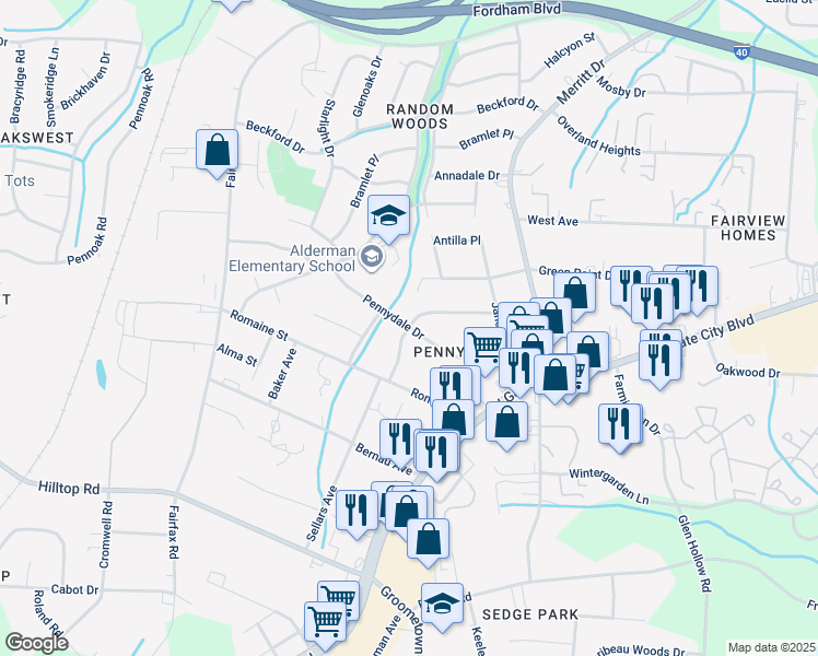 map of restaurants, bars, coffee shops, grocery stores, and more near 4300 Whippoorwill Drive in Greensboro