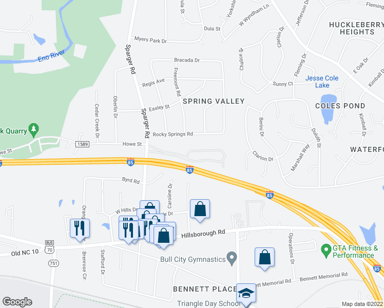 map of restaurants, bars, coffee shops, grocery stores, and more near 123 Sparger Springs Lane in Durham