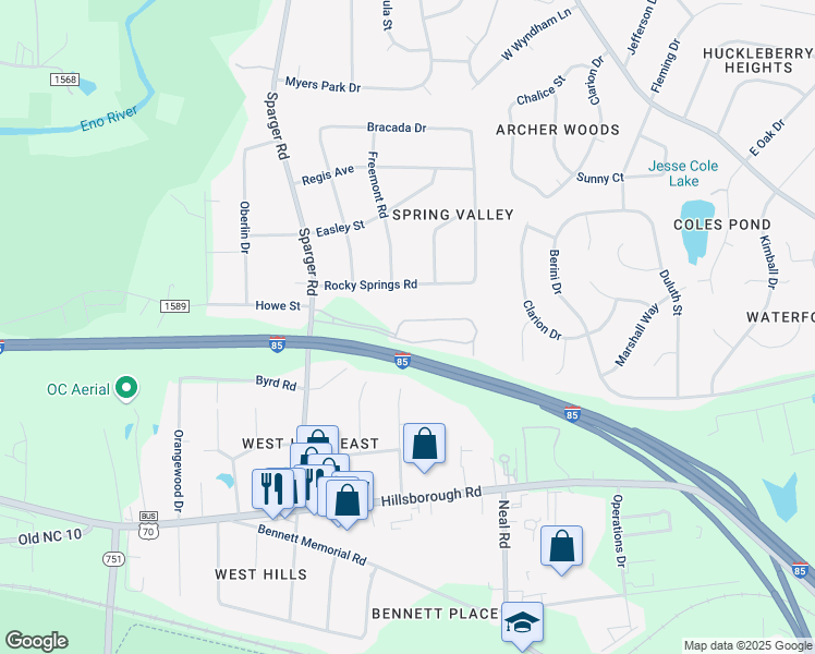 map of restaurants, bars, coffee shops, grocery stores, and more near 123 Sparger Springs Lane in Durham
