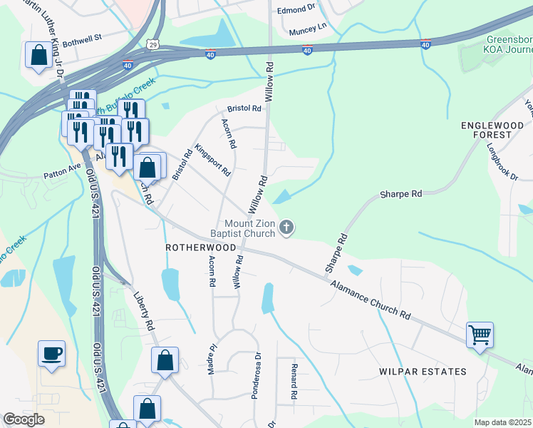 map of restaurants, bars, coffee shops, grocery stores, and more near in Greensboro