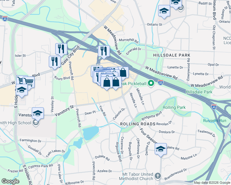 map of restaurants, bars, coffee shops, grocery stores, and more near 598 Eagle Road in Greensboro