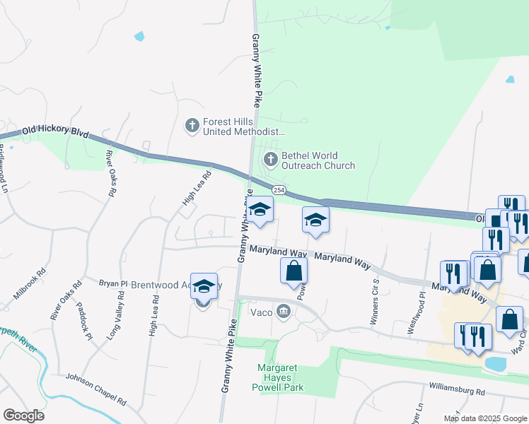 map of restaurants, bars, coffee shops, grocery stores, and more near 103 Arcaro Place in Brentwood