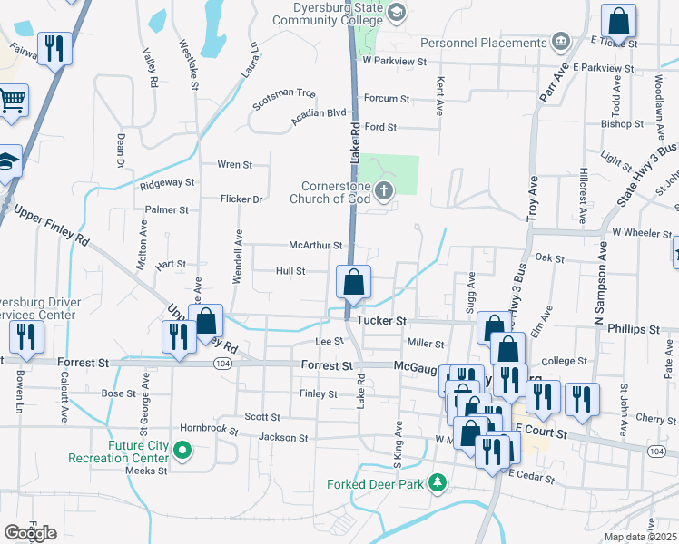 map of restaurants, bars, coffee shops, grocery stores, and more near 605 Lake Road in Dyersburg