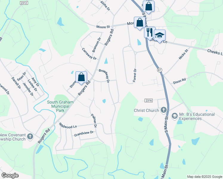 map of restaurants, bars, coffee shops, grocery stores, and more near 1614 Broadway Drive in Graham