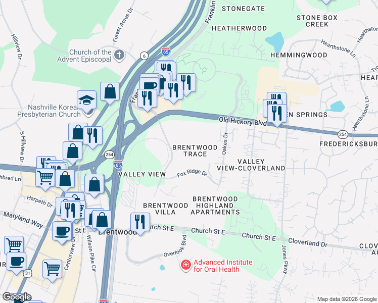 map of restaurants, bars, coffee shops, grocery stores, and more near 5871 Brentwood Trace in Brentwood