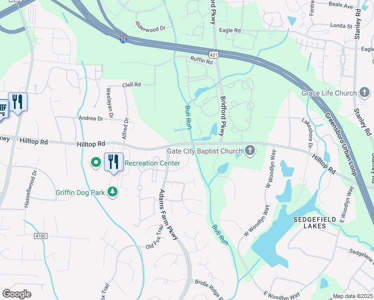 map of restaurants, bars, coffee shops, grocery stores, and more near 19 Country Walk Ln in Greensboro