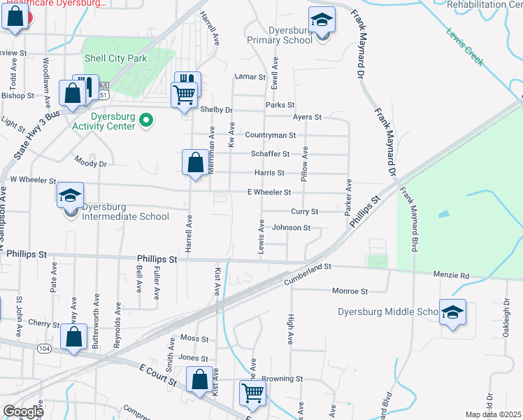 map of restaurants, bars, coffee shops, grocery stores, and more near 605 Lewis Avenue in Dyersburg