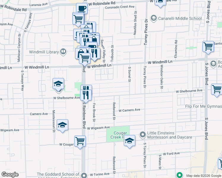map of restaurants, bars, coffee shops, grocery stores, and more near 6694 Melodic Court in Las Vegas