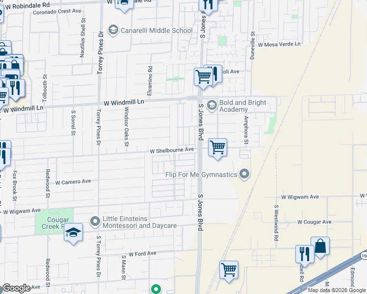 map of restaurants, bars, coffee shops, grocery stores, and more near 6150 Slate Way in Las Vegas