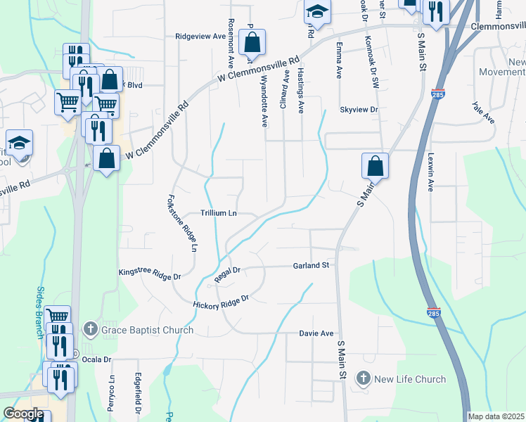 map of restaurants, bars, coffee shops, grocery stores, and more near 3950 Clinard Avenue in Winston Salem