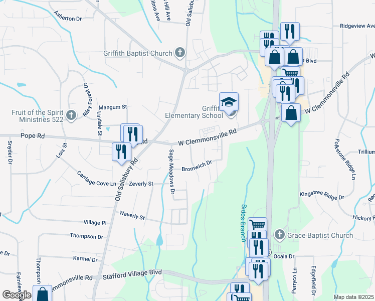 map of restaurants, bars, coffee shops, grocery stores, and more near 3220 Trenchard Lane in Winston-Salem