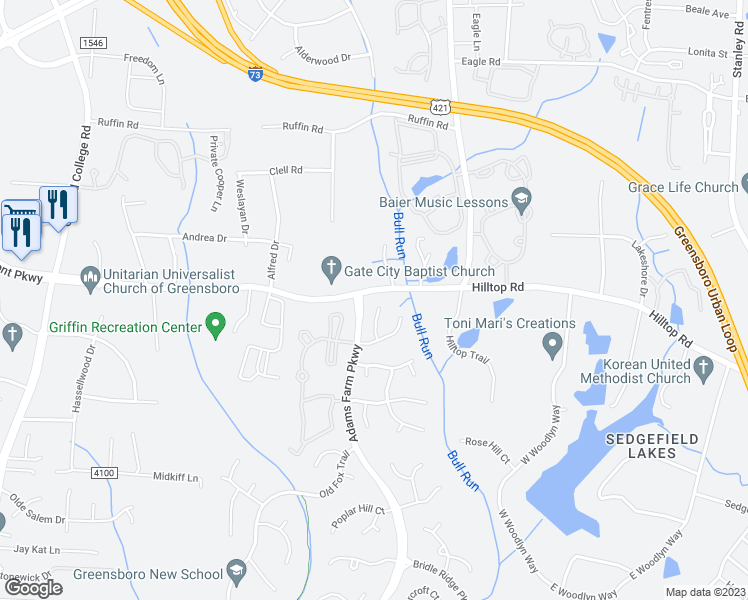 map of restaurants, bars, coffee shops, grocery stores, and more near 17 Mill Path Lane in Greensboro