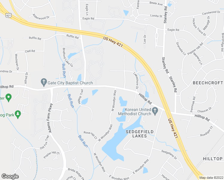 map of restaurants, bars, coffee shops, grocery stores, and more near 2502 West Woodlyn Way in Greensboro
