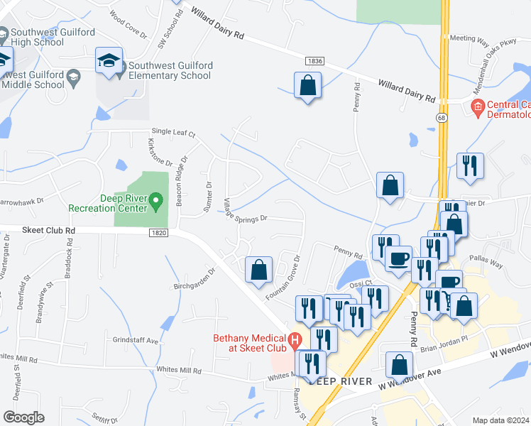 map of restaurants, bars, coffee shops, grocery stores, and more near 3703 Village Springs Drive in High Point