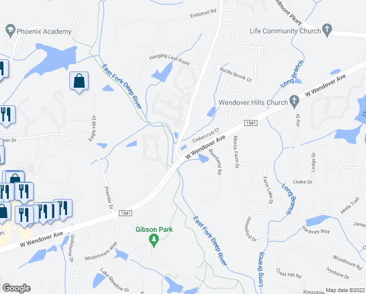 map of restaurants, bars, coffee shops, grocery stores, and more near 4282 Cedarcroft Court in Greensboro