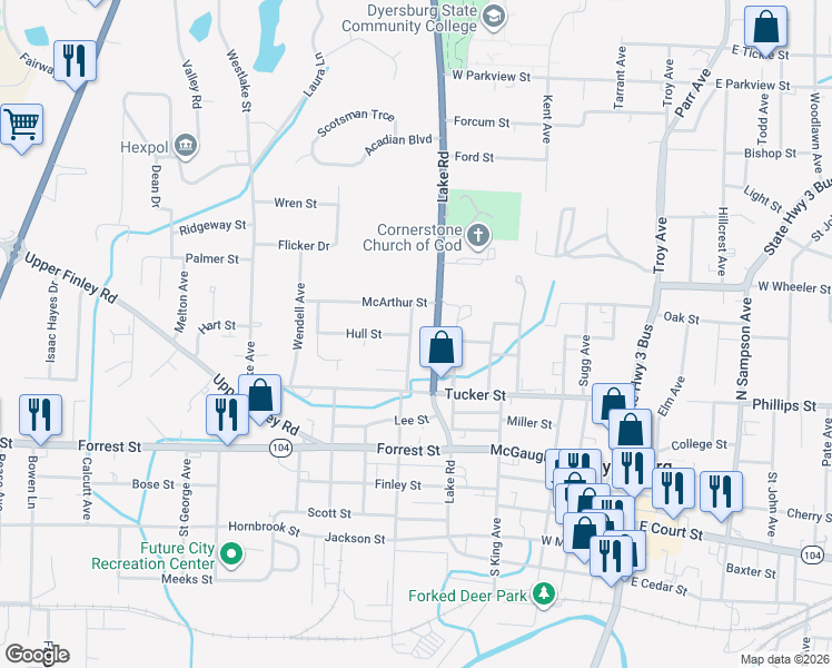 map of restaurants, bars, coffee shops, grocery stores, and more near 546 Ferguson Avenue in Dyersburg