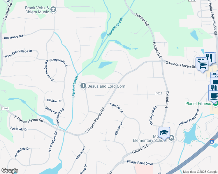 map of restaurants, bars, coffee shops, grocery stores, and more near 111 Montauk Court in Clemmons