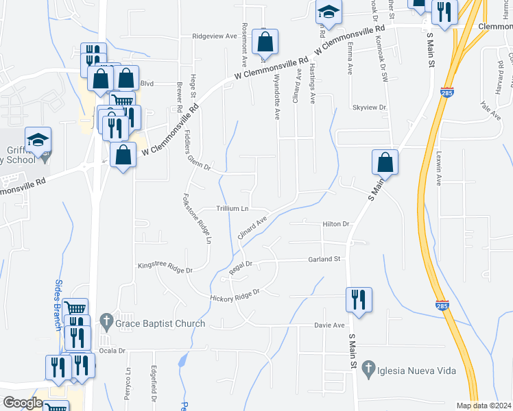 map of restaurants, bars, coffee shops, grocery stores, and more near 735 Trillium Lane in Winston-Salem