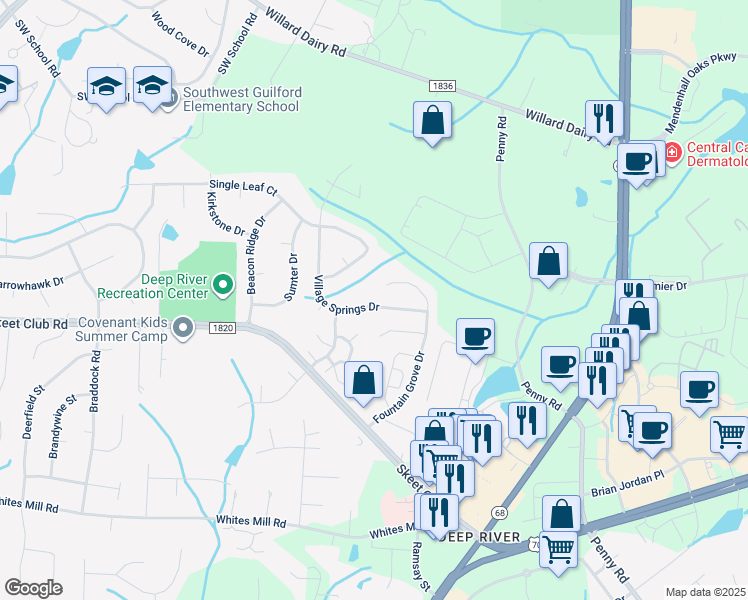 map of restaurants, bars, coffee shops, grocery stores, and more near 3703 Village Springs Drive in High Point
