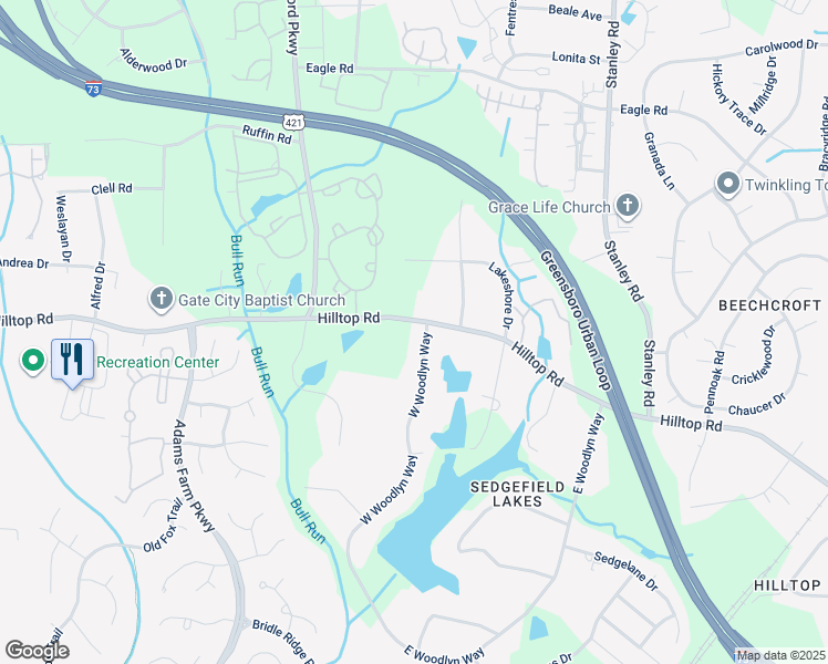 map of restaurants, bars, coffee shops, grocery stores, and more near 2502 West Woodlyn Way in Greensboro