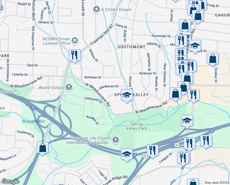 map of restaurants, bars, coffee shops, grocery stores, and more near 812 Daleview Place in Greensboro