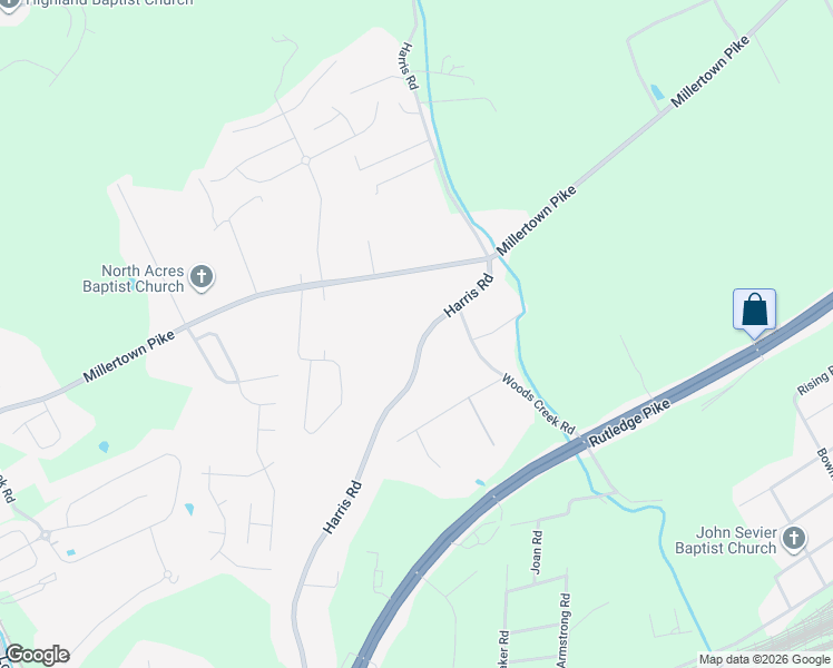 map of restaurants, bars, coffee shops, grocery stores, and more near 2305 Harris Road in Knoxville