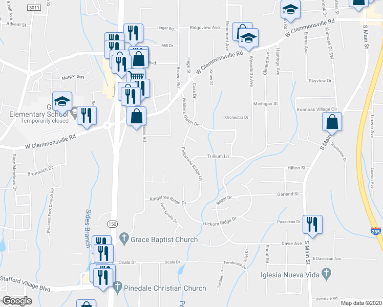 map of restaurants, bars, coffee shops, grocery stores, and more near 879 Trillium Lane in Winston-Salem