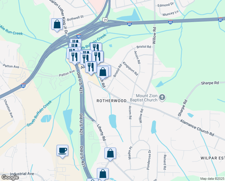 map of restaurants, bars, coffee shops, grocery stores, and more near 1101 Alamance Church Road in Greensboro