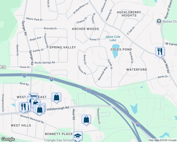 map of restaurants, bars, coffee shops, grocery stores, and more near 4506 Berini Drive in Durham