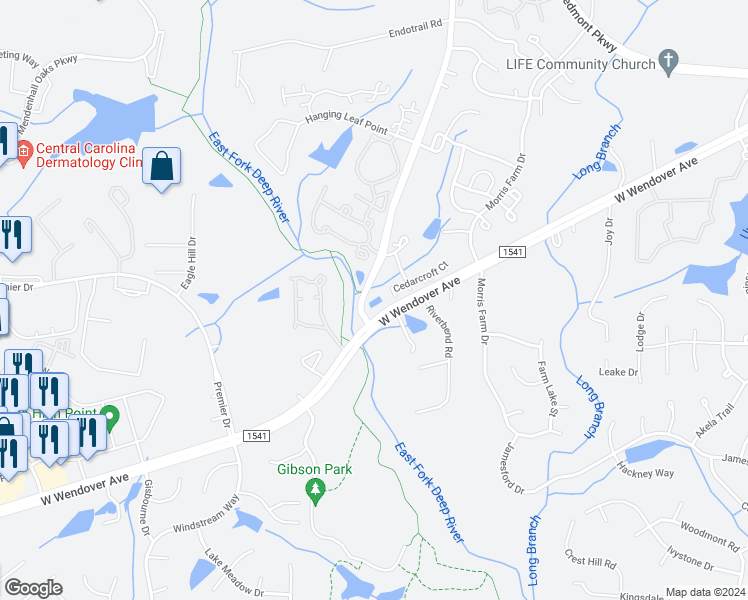 map of restaurants, bars, coffee shops, grocery stores, and more near 4282 Cedarcroft Court in Greensboro