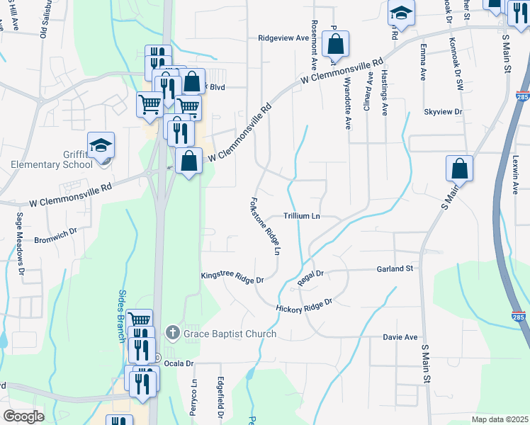 map of restaurants, bars, coffee shops, grocery stores, and more near 879 Trillium Lane in Winston-Salem