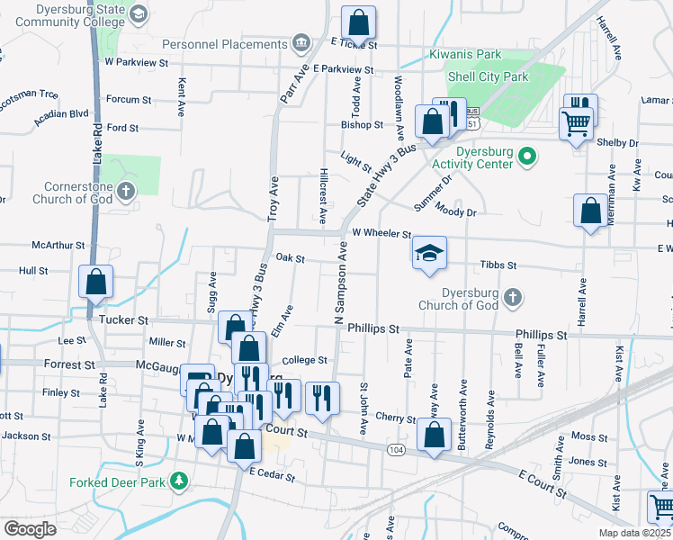 map of restaurants, bars, coffee shops, grocery stores, and more near 304 Oak Street in Dyersburg