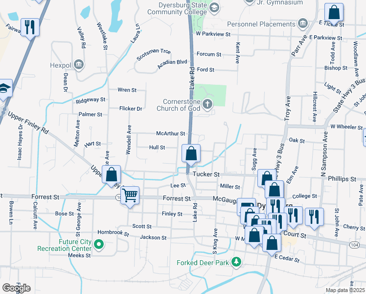 map of restaurants, bars, coffee shops, grocery stores, and more near 546 Ferguson Avenue in Dyersburg