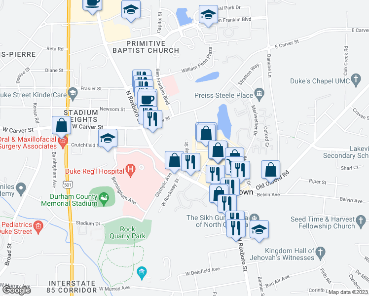 map of restaurants, bars, coffee shops, grocery stores, and more near 207 East Rockway Street in Durham